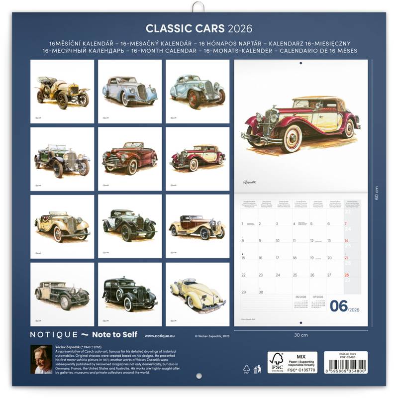 NOTIQUE Poznámkový kalendář Classic Cars – Václav Zapadlík 2026, 30 x 30 cm NOTIQUE Poznámkový kalendář Classic Cars – Václav Zapadlík 2026, 30 x 30 cm