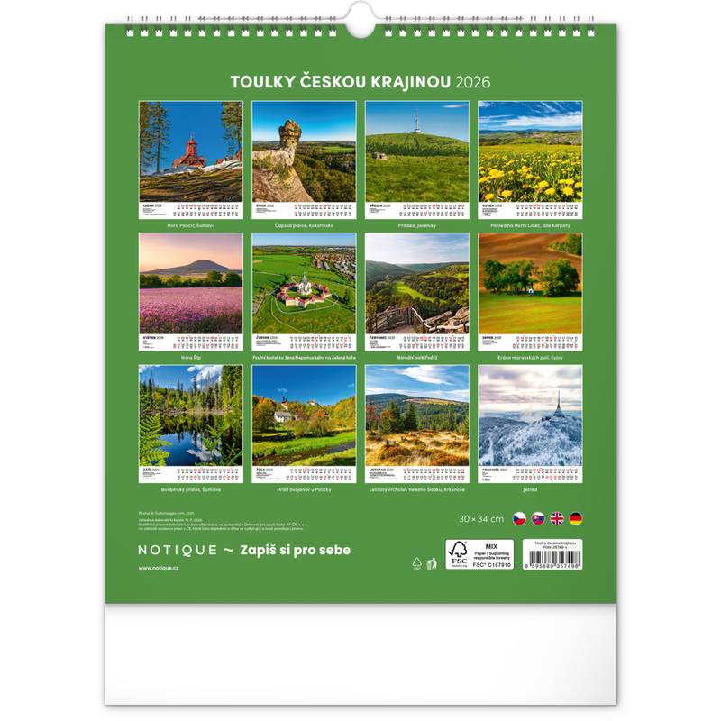 NOTIQUE Nástěnný kalendář Toulky českou krajinou CZ 2026, 30 x 34 cm NOTIQUE Nástěnný kalendář Toulky českou krajinou CZ 2026, 30 x 34 cm