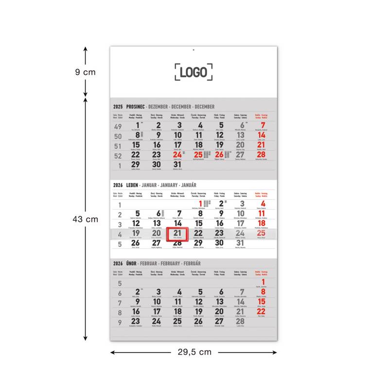 NOTIQUE Nástěnný kalendář 3měsíční standard šedý – s českými jmény CZ 2026, 29,5 x 43 cm NOTIQUE Nástěnný kalendář 3měsíční standard šedý – s českými jmény CZ 2026, 29,5 x 43 cm