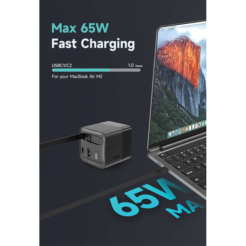 Urban Vitamin Mendocino 65W GaN nabíječka s nabíjecím kabelem, černá Urban Vitamin Mendocino 65W GaN nabíječka s nabíjecím kabelem, černá