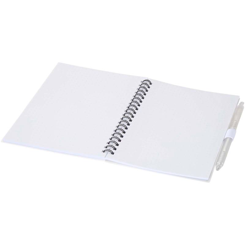 Niove sada zápisníka a guľôčkového pera z recykl. plastu s mäkkou väzbou (modrý atrament), biela Niove sada zápisníka a guľôčkového pera z recykl. plastu s mäkkou väzbou (modrý atrament), biela