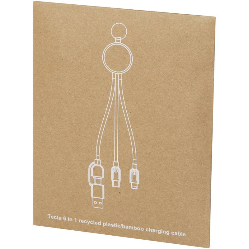 Nabíjací kábel z recyklovaného plastu/bambusu 6 v 1 s krúžkom na kľúče Tecta, čierna Nabíjací kábel z recyklovaného plastu/bambusu 6 v 1 s krúžkom na kľúče Tecta, čierna