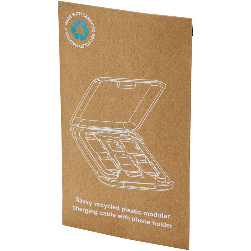 Savvy recyklovaný plastový modulárny nabíjací kábel s držiakom na telefón, biela Savvy recyklovaný plastový modulárny nabíjací kábel s držiakom na telefón, biela