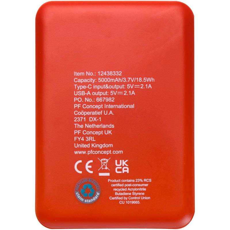 Asama 5000mAh powerbanka typu C z recyklovaného plastu, červená Brick Asama 5000mAh powerbanka typu C z recyklovaného plastu, červená Brick