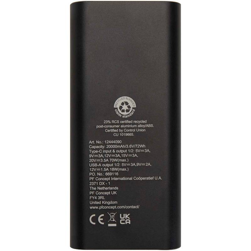 Acamar powerbanka na notebook z recyklovaného hliníka s kapacitou 20 000 mAh a výkonom 70 W, čierna Acamar powerbanka na notebook z recyklovaného hliníka s kapacitou 20 000 mAh a výkonom 70 W, čierna