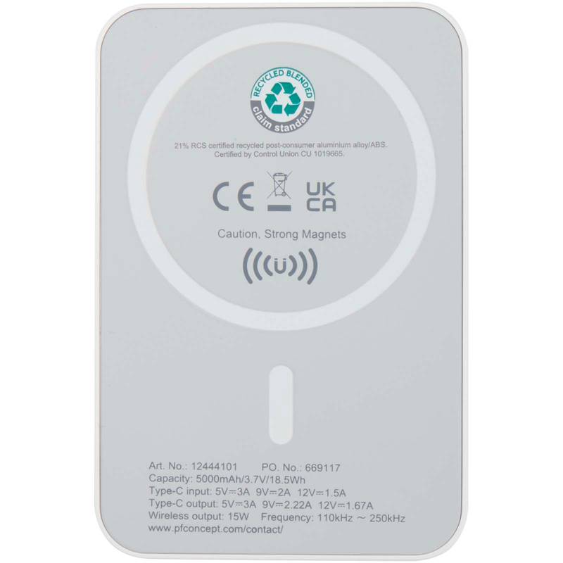 Acrab bezdrôtová magnetická powerbanka 5000 mAh 15W s 20W PD - vyrobené z recyklovaného plastu, biel Acrab bezdrôtová magnetická powerbanka 5000 mAh 15W s 20W PD - vyrobené z recyklovaného plastu, biel