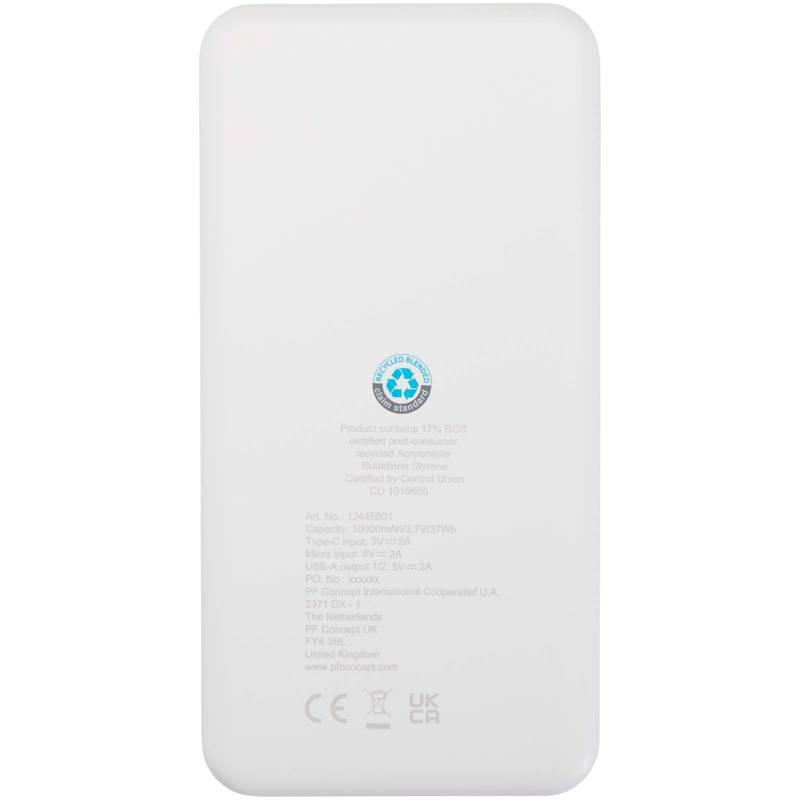 Intan powerbanka z recyklovaného plastu s kapacitou 10 000 mAh a výkonom 10 W, biela Intan powerbanka z recyklovaného plastu s kapacitou 10 000 mAh a výkonom 10 W, biela