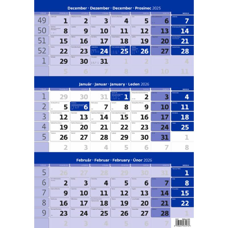 Trojmesačný kalendár modrý, 2026 Trojmesačný kalendár modrý, 2026
