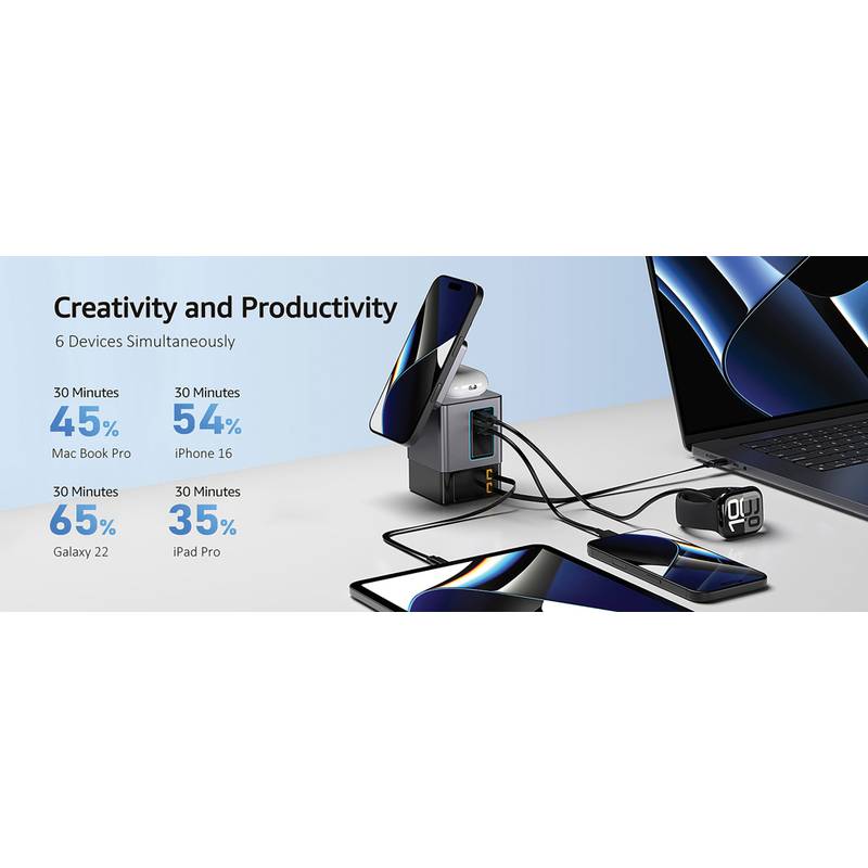 Urban Vitamin Sacramento 105W GaN stanica s nav. káblami, sivá - čierna Urban Vitamin Sacramento 105W GaN stanica s nav. káblami, sivá - čierna