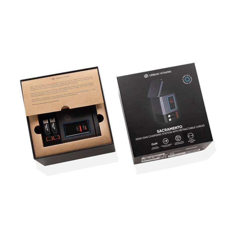 Urban Vitamin Sacramento 105W GaN stanica s nav. káblami, sivá - čierna Urban Vitamin Sacramento 105W GaN stanica s nav. káblami, sivá - čierna