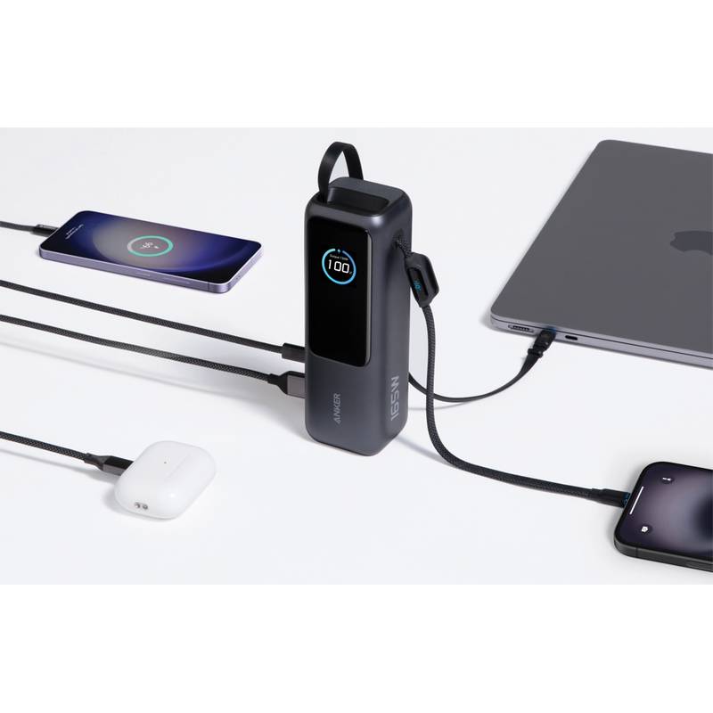 Anker powerbanka 25 000 mAh 165 W se zabud. zasouvacím kabelem, šedá - černá Anker powerbanka 25 000 mAh 165 W se zabud. zasouvacím kabelem, šedá - černá