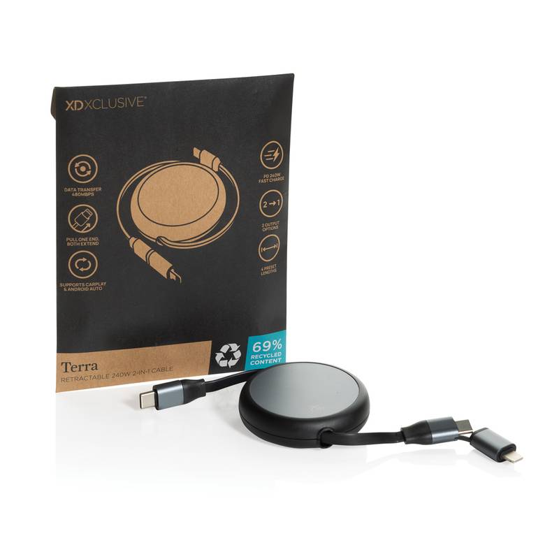 Terra RCS recyklovaný hliníkový zasúvateľný 240W 2-v-1 kábel, čierna Terra RCS recyklovaný hliníkový zasúvateľný 240W 2-v-1 kábel, čierna