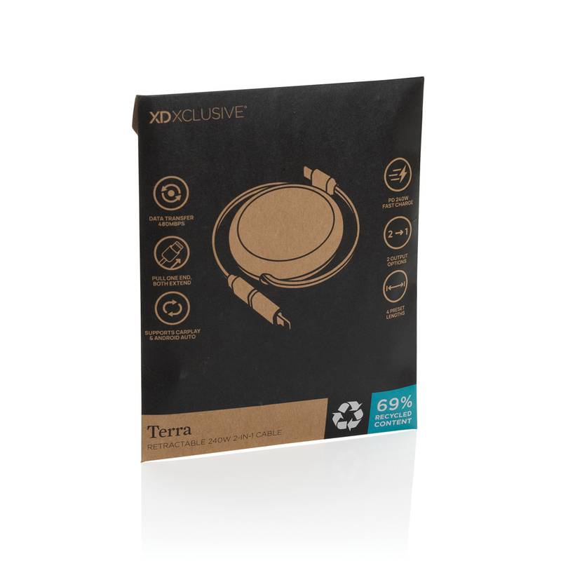 Terra RCS recyklovaný hliníkový zasúvateľný 240W 2-v-1 kábel, čierna Terra RCS recyklovaný hliníkový zasúvateľný 240W 2-v-1 kábel, čierna