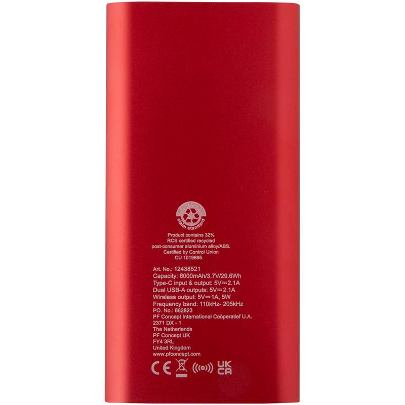 Juice 8000mAh bezdrôtová powerbanka typu C z recykl. hliníka, červená Juice 8000mAh bezdrôtová powerbanka typu C z recykl. hliníka, červená