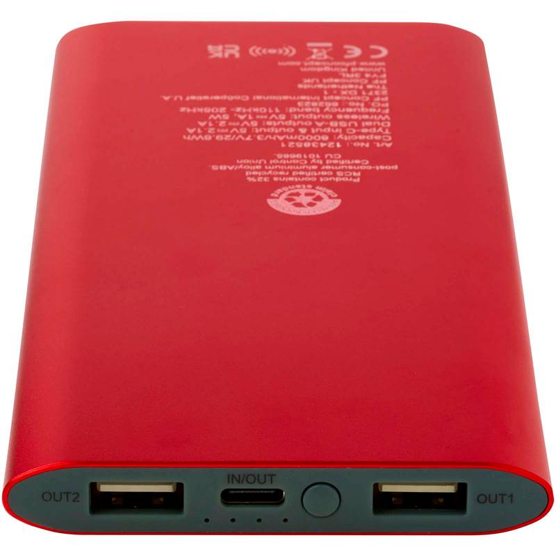 Juice 8000mAh bezdrôtová powerbanka typu C z recykl. hliníka, červená Juice 8000mAh bezdrôtová powerbanka typu C z recykl. hliníka, červená