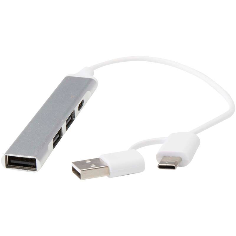 Alkaid 4portový USB-A a Type-C hub z recykl. hliníku s duálním vstupem, šedá Silver Alkaid 4portový USB-A a Type-C hub z recykl. hliníku s duálním vstupem, šedá Silver