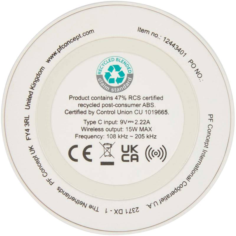 Bezdrátová nabíjecí podložka o výkonu 15 W z recykl. plastu Freal, bílá Bezdrátová nabíjecí podložka o výkonu 15 W z recykl. plastu Freal, bílá