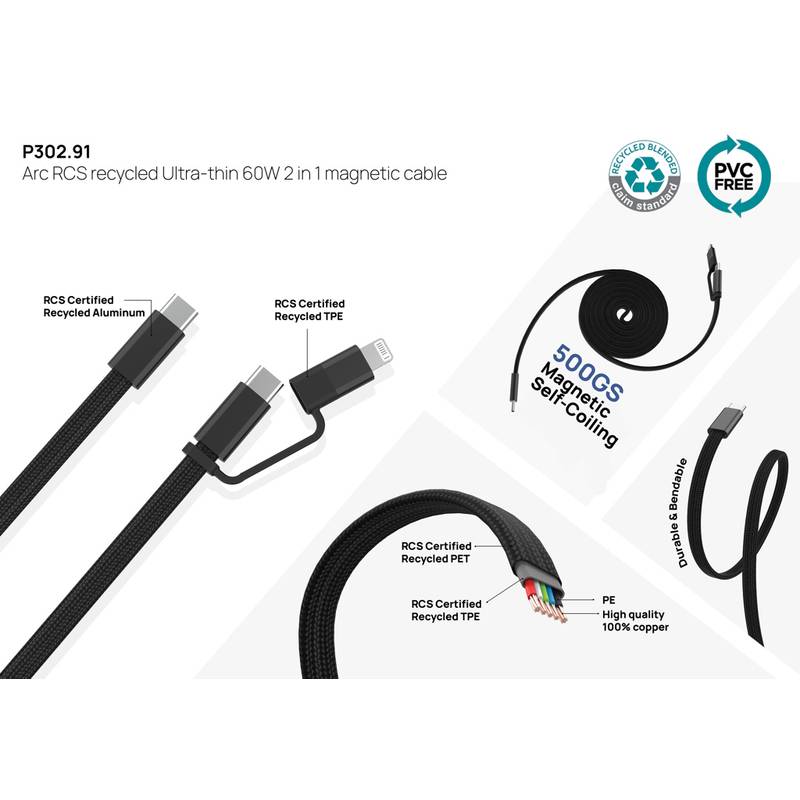 Arc RCS recyklovaný ultratenký 60W 2 v 1 magnetický kábel, čierna Arc RCS recyklovaný ultratenký 60W 2 v 1 magnetický kábel, čierna