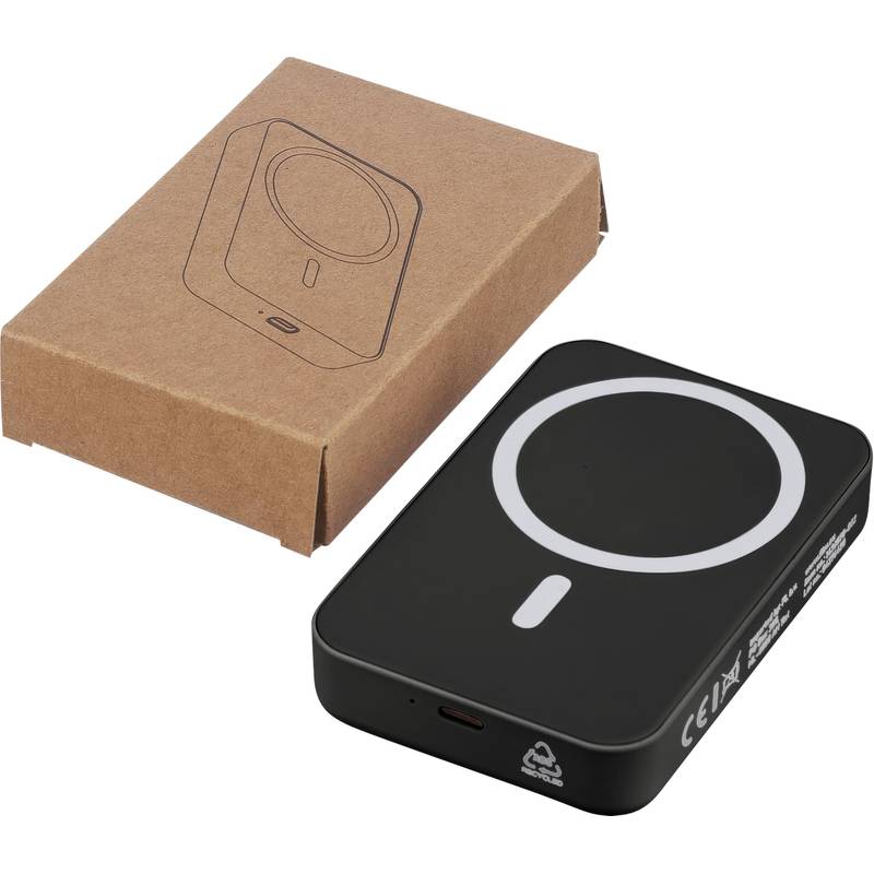 Recyklovaný bezdrátový nabíjecí powerbank Meno, černá Recyklovaný bezdrátový nabíjecí powerbank Meno, černá