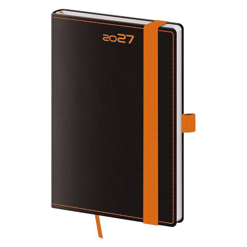 Vreckový diár A6 Black Orange s pútkom, 2027 Vreckový diár A6 Black Orange s pútkom, 2027