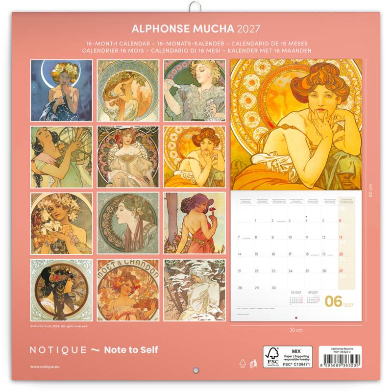 NOTIQUE Grid calendar Alphonse Mucha 2027, 30 x 30 cm NOTIQUE Grid calendar Alphonse Mucha 2027, 30 x 30 cm