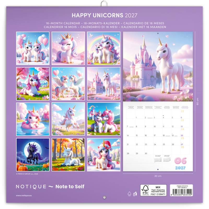 NOTIQUE Grid calendar Happy Unicorns 2027, 30 x 30 cm NOTIQUE Grid calendar Happy Unicorns 2027, 30 x 30 cm