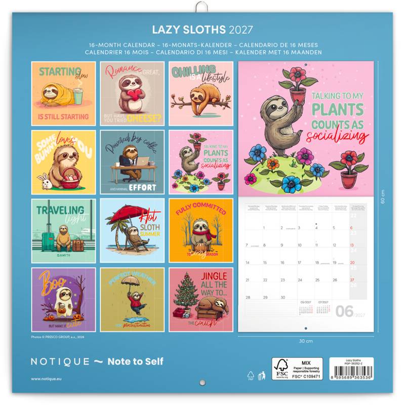 NOTIQUE Grid calendar Lazy Sloths 2027, 30 x 30 cm NOTIQUE Grid calendar Lazy Sloths 2027, 30 x 30 cm