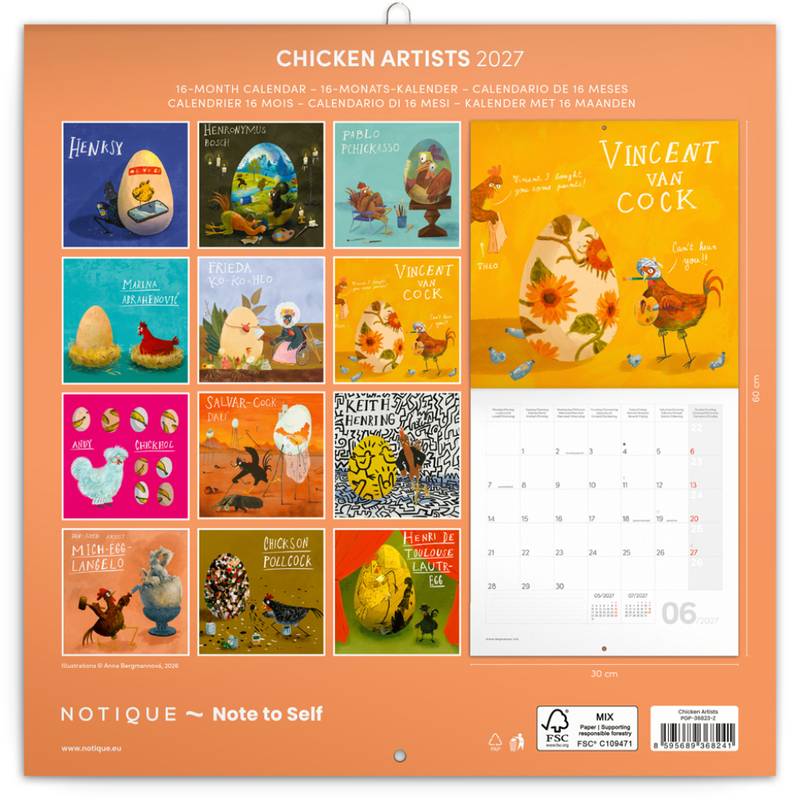 NOTIQUE Grid calendar Chicken Artists 2027, 30 x 30 cm NOTIQUE Grid calendar Chicken Artists 2027, 30 x 30 cm