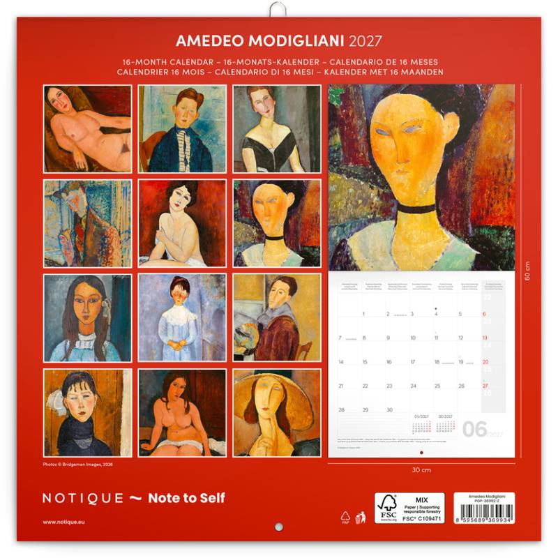 NOTIQUE Grid calendar Amedeo Modigliani 2027, 30 x 30 cm NOTIQUE Grid calendar Amedeo Modigliani 2027, 30 x 30 cm