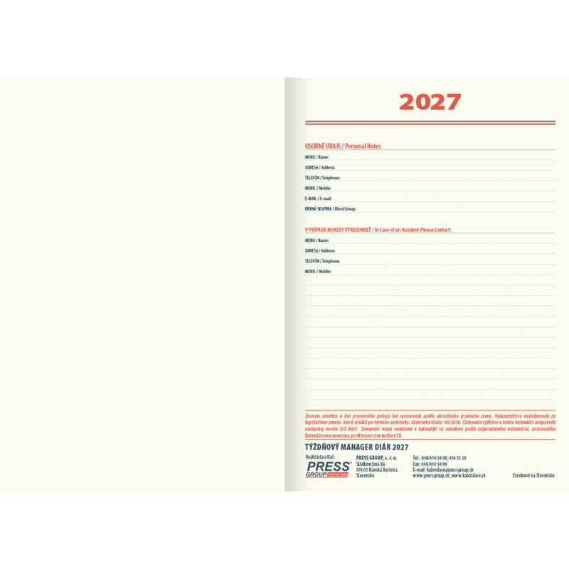 Týždenný diár TOP manager 2027 - čierny Týždenný diár TOP manager 2027 - čierny