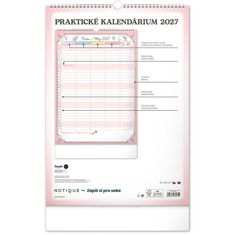 NOTIQUE Nástěnný kalendář Rodinný plánovací Hello Kitty XL CZ/SK 2027, 33 x 46 cm NOTIQUE Nástěnný kalendář Rodinný plánovací Hello Kitty XL CZ/SK 2027, 33 x 46 cm