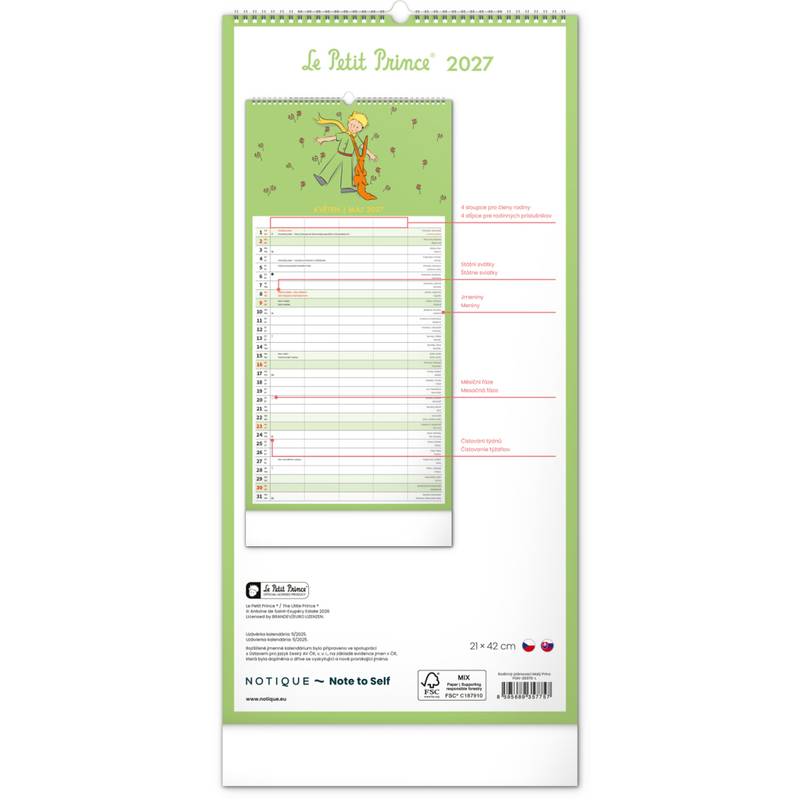NOTIQUE Nástěnný kalendář Rodinný plánovací Malý princ CZ/SK 2027, 21 x 42 cm NOTIQUE Nástěnný kalendář Rodinný plánovací Malý princ CZ/SK 2027, 21 x 42 cm