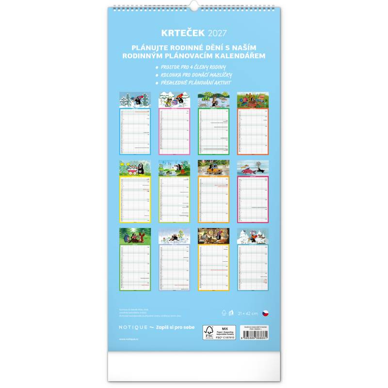 NOTIQUE Nástěnný kalendář Rodinný plánovací Krtek CZ 2027, 21 x 42 cm NOTIQUE Nástěnný kalendář Rodinný plánovací Krtek CZ 2027, 21 x 42 cm