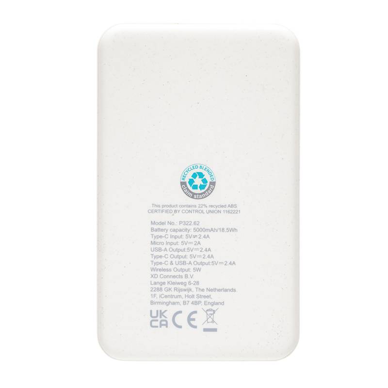 Bezdrátová powerbanka 5000 mAh 5W z RCS recyklovaného plastu, bílá Bezdrátová powerbanka 5000 mAh 5W z RCS recyklovaného plastu, bílá