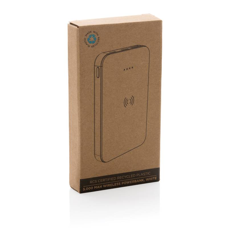 Bezdrátová powerbanka 5000 mAh 5W z RCS recyklovaného plastu, bílá Bezdrátová powerbanka 5000 mAh 5W z RCS recyklovaného plastu, bílá