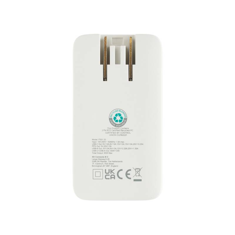 Fluxo RCS 65W plochá GaN nabíjačka s univerz.i konektormi, biela Fluxo RCS 65W plochá GaN nabíjačka s univerz.i konektormi, biela