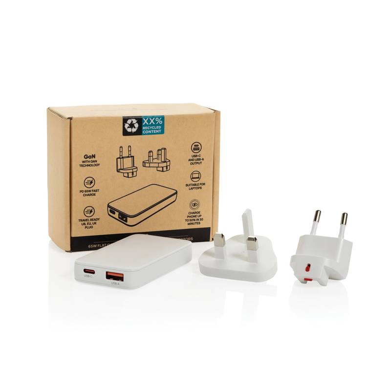 Fluxo RCS 65W plochá GaN nabíjačka s univerz.i konektormi, biela Fluxo RCS 65W plochá GaN nabíjačka s univerz.i konektormi, biela