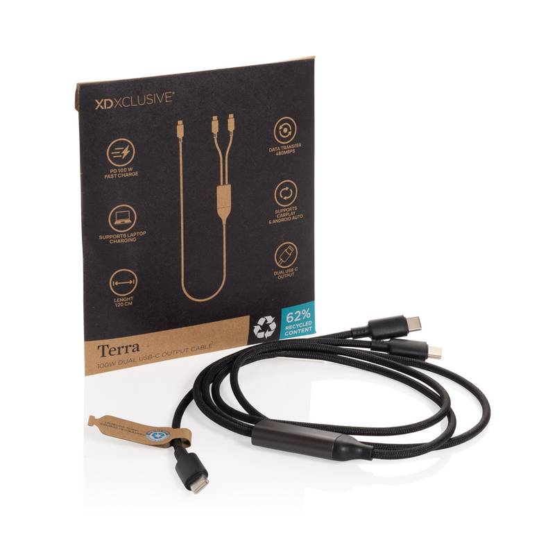 Terra 100W RCS kábel s duálnym USB-C výstupom, čierna - sivá Terra 100W RCS kábel s duálnym USB-C výstupom, čierna - sivá