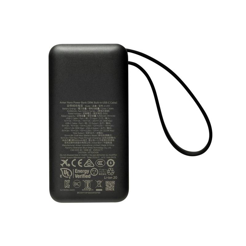 Anker Nano Power Bank 30 W se zabudovaným USB-C kabelem, černá, černá Anker Nano Power Bank 30 W se zabudovaným USB-C kabelem, černá, černá