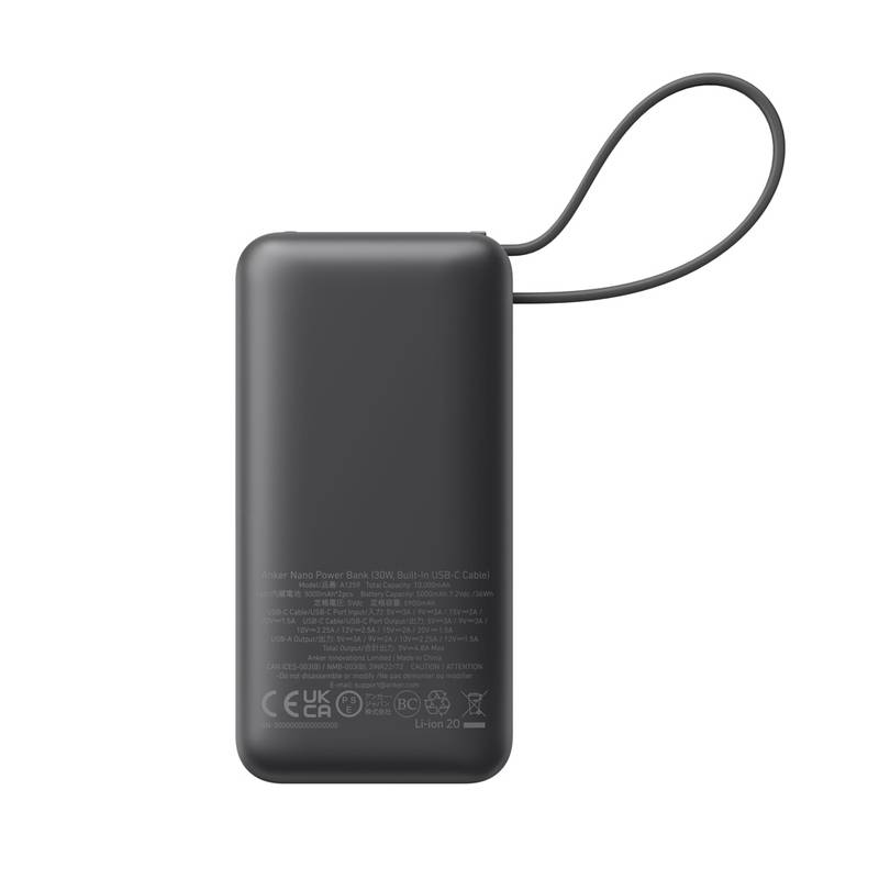 Anker Nano Power Bank 30 W so zabudovaným USB-C káblom, čierna, čierna Anker Nano Power Bank 30 W so zabudovaným USB-C káblom, čierna, čierna