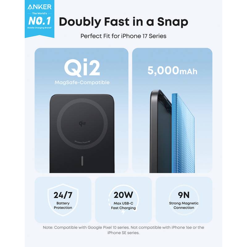 Anker Nano Wireless Power Bank 5K 15 W MagGo Slim Qi2, čierna, čierna Anker Nano Wireless Power Bank 5K 15 W MagGo Slim Qi2, čierna, čierna