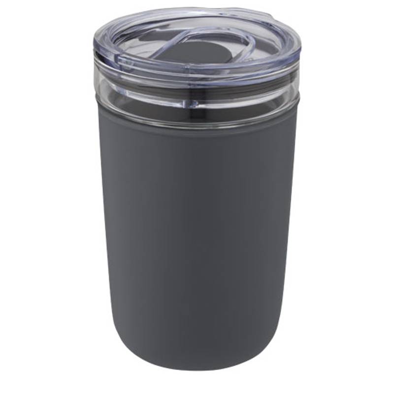 Sklenený hrnček o objemu 420 ml s vonkajšou stenou z recyklovaného plastu Bello, sivá Sklenený hrnček o objemu 420 ml s vonkajšou stenou z recyklovaného plastu Bello, sivá