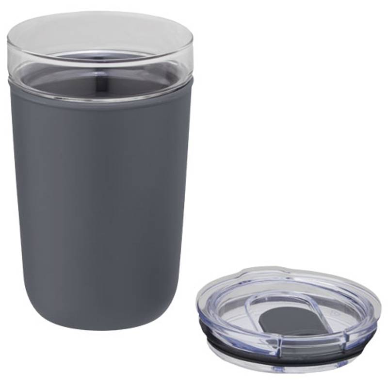 Sklenený hrnček o objemu 420 ml s vonkajšou stenou z recyklovaného plastu Bello, sivá Sklenený hrnček o objemu 420 ml s vonkajšou stenou z recyklovaného plastu Bello, sivá