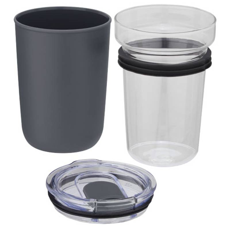 Sklenený hrnček o objemu 420 ml s vonkajšou stenou z recyklovaného plastu Bello, sivá Sklenený hrnček o objemu 420 ml s vonkajšou stenou z recyklovaného plastu Bello, sivá