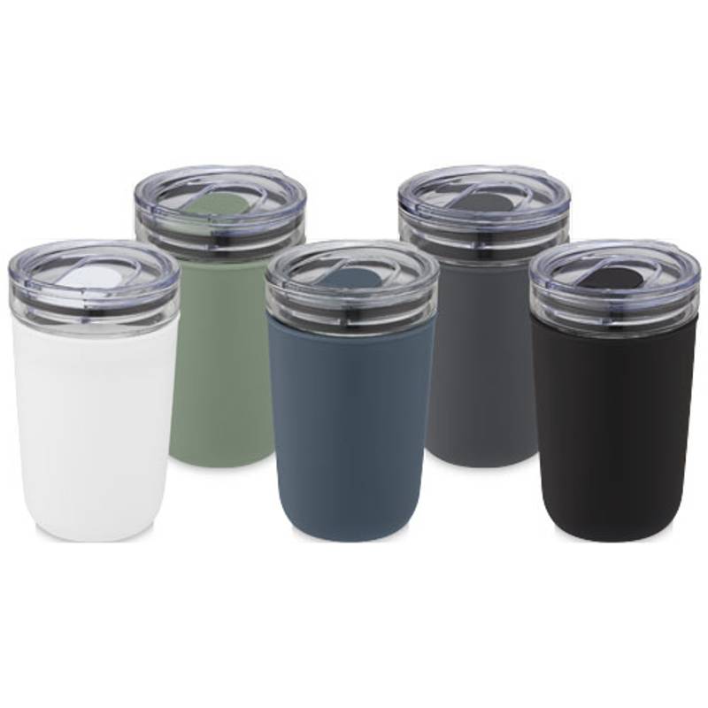 Sklenený hrnček o objemu 420 ml s vonkajšou stenou z recyklovaného plastu Bello, sivá Sklenený hrnček o objemu 420 ml s vonkajšou stenou z recyklovaného plastu Bello, sivá