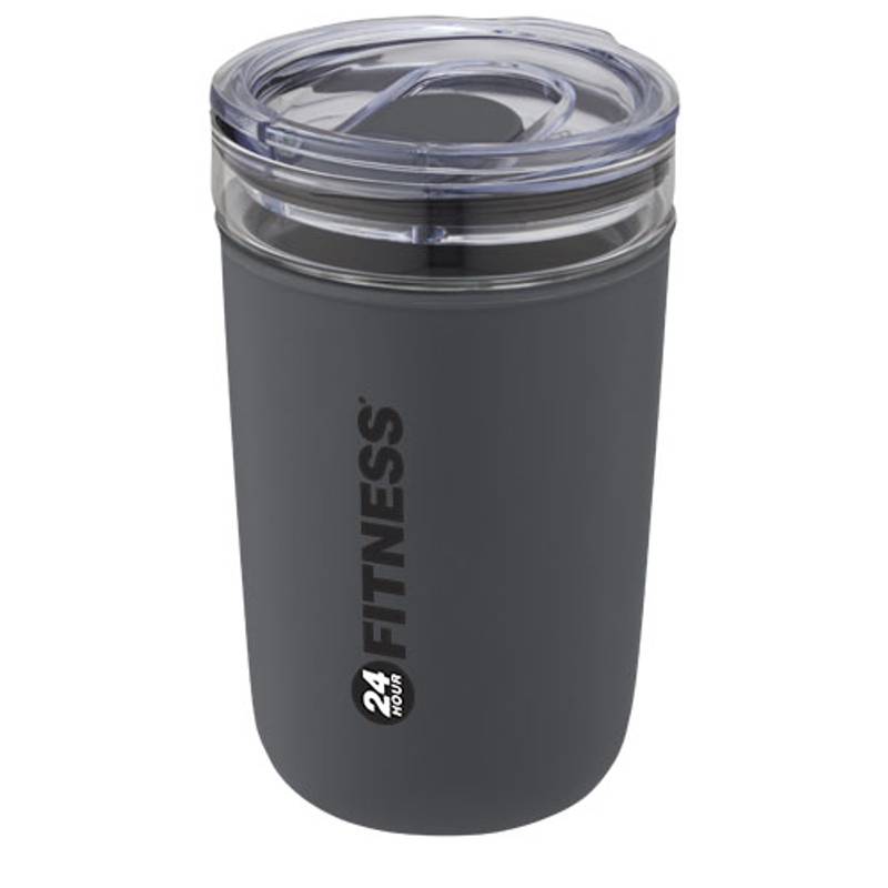 Sklenený hrnček o objemu 420 ml s vonkajšou stenou z recyklovaného plastu Bello, sivá Sklenený hrnček o objemu 420 ml s vonkajšou stenou z recyklovaného plastu Bello, sivá