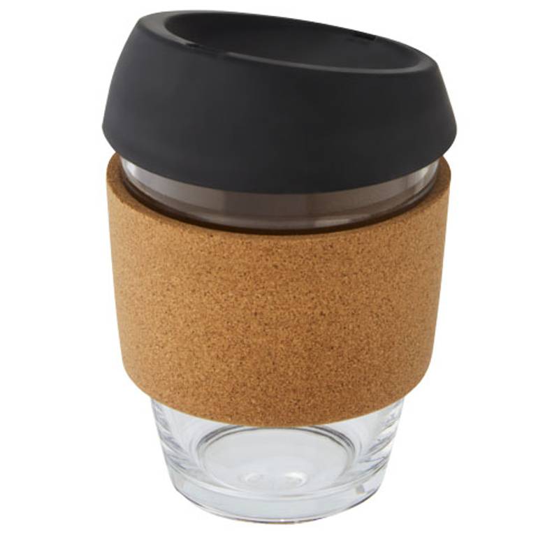 Pohár objemu 360 ml z borosilikátového skla s korkovým obalem a silikonovým víčkem Lidan, černá Pohár objemu 360 ml z borosilikátového skla s korkovým obalem a silikonovým víčkem Lidan, černá