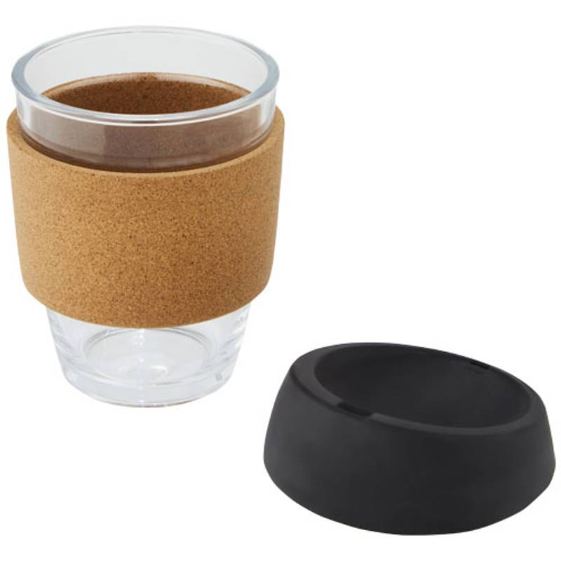 Pohár objemu 360 ml z borosilikátového skla s korkovým obalem a silikonovým víčkem Lidan, černá Pohár objemu 360 ml z borosilikátového skla s korkovým obalem a silikonovým víčkem Lidan, černá
