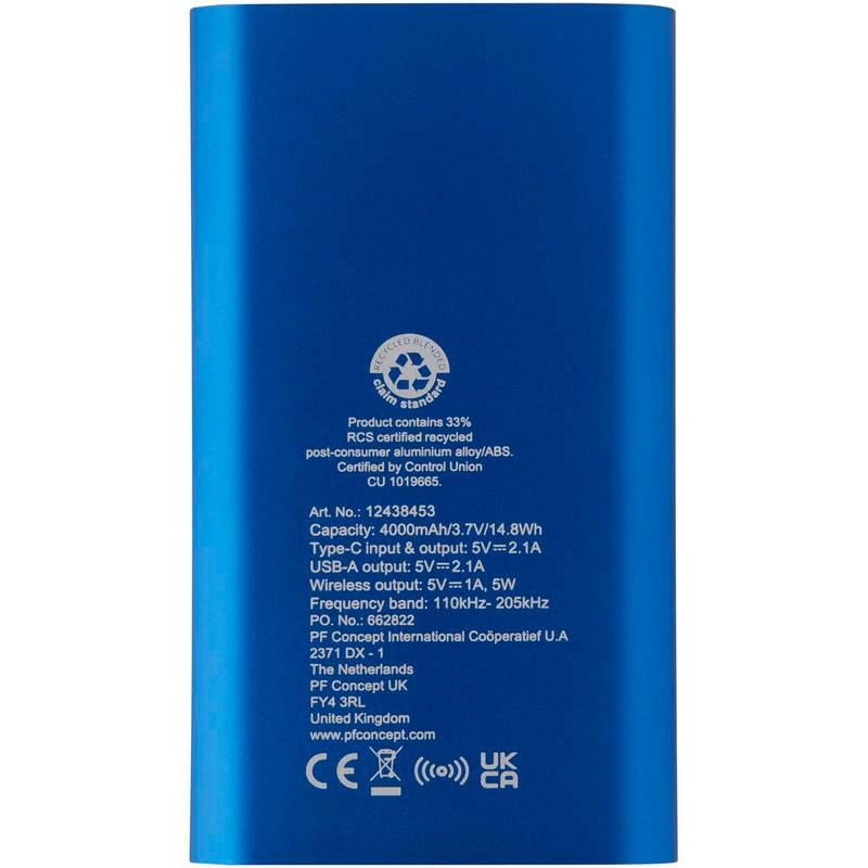 Juice 4000mAh bezdrátová powerbanka typu C z recykl. hliníku, modrá Royal Juice 4000mAh bezdrátová powerbanka typu C z recykl. hliníku, modrá Royal