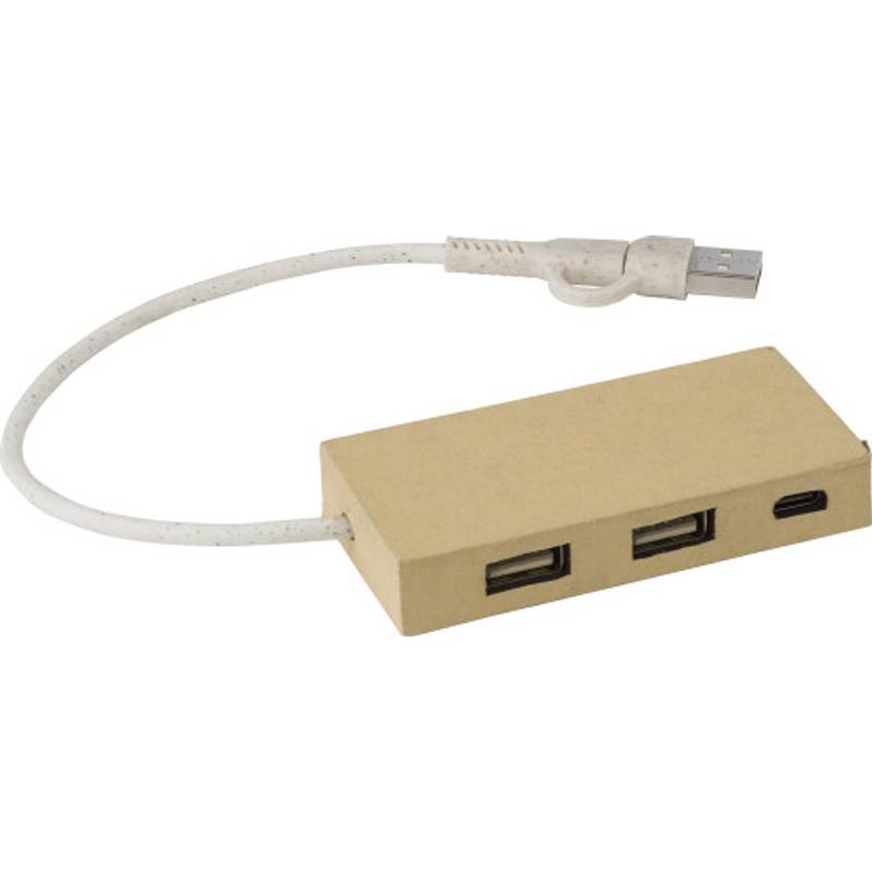 USB hub z hliníku a recyklovaného papíru Paulo, hnědá USB hub z hliníku a recyklovaného papíru Paulo, hnědá